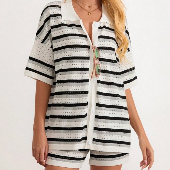 Black Casual Women's Stripe Contrast Button Crochet Knit Tops & Shorts Set - Picture 9 of 10